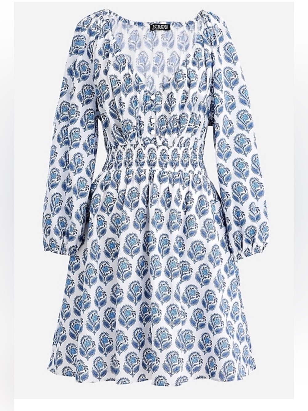 J. Crew White Dress with Blue Paisley Print and Smocked Waist